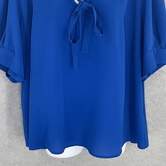 CeCe Top Women's 3X Blue Tie Neck‎ Ruffle Trim Puff Sleeve Blouse Flowy Office - Picture 5 of 12